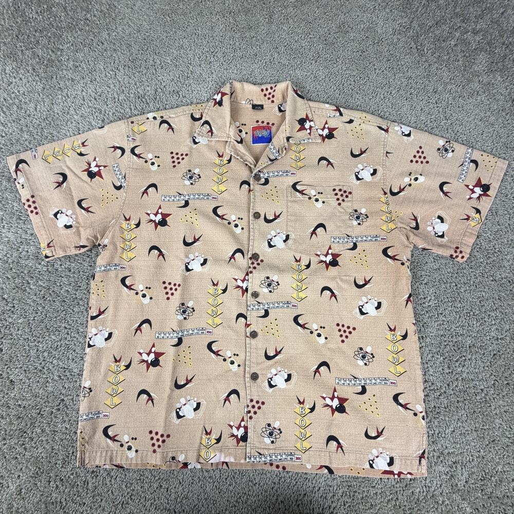 DeM CRAZY Shirt Mens 2XL Beige Retro Bowling Print Short Sleeve Button Front